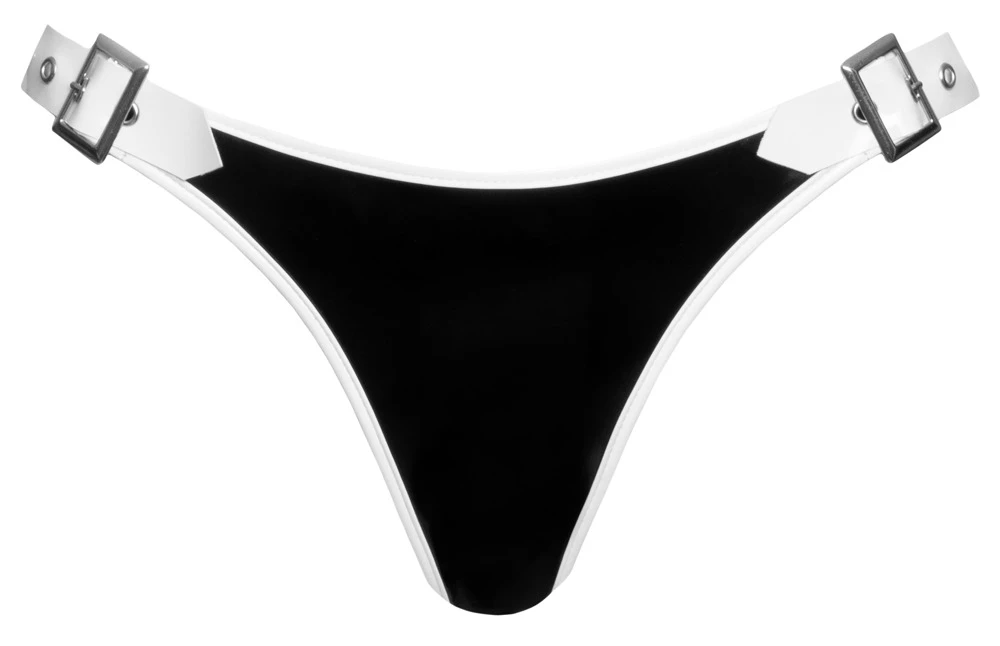 Riostring von Black Level im schwarzen Lackglanz mit weißen Lack-Paspelierungen.Seitlich mit verstellbarem Schnallenverschluss.