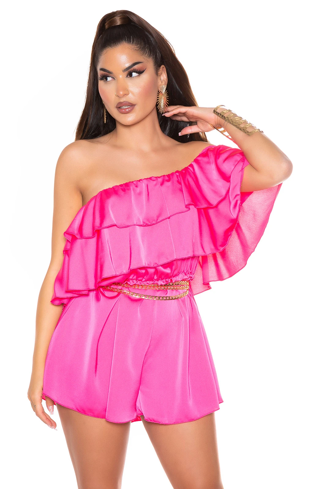 Satin Look Off Shoulder Hotpants Jumpsuit mit Volant Satin Look Off Shoulder Hotpants Jumpsuit mit Volant