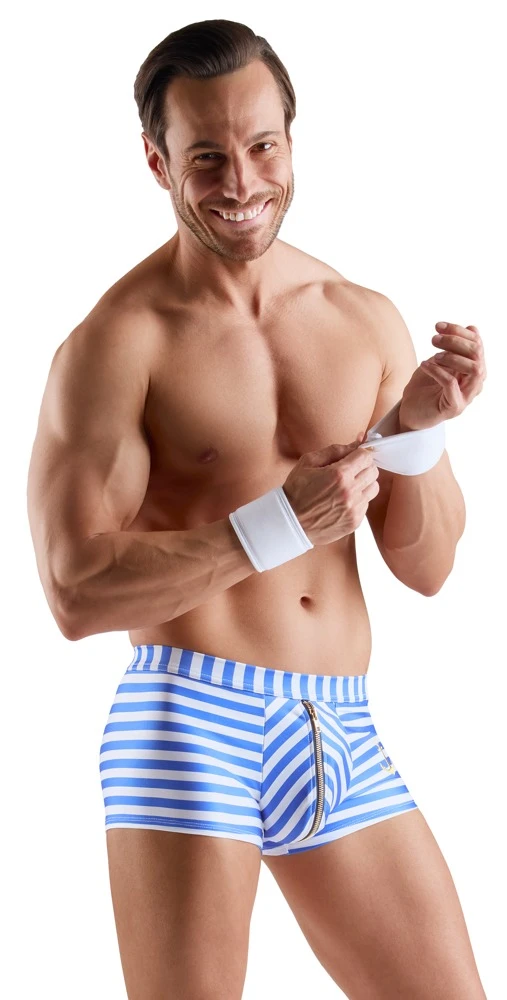 Streifen-Pants blau/weiß mit Anker-Stickerei, Reißverschluss-Beutel und 2 Handmanschetten im Matrosen-Look von Svenjoyment