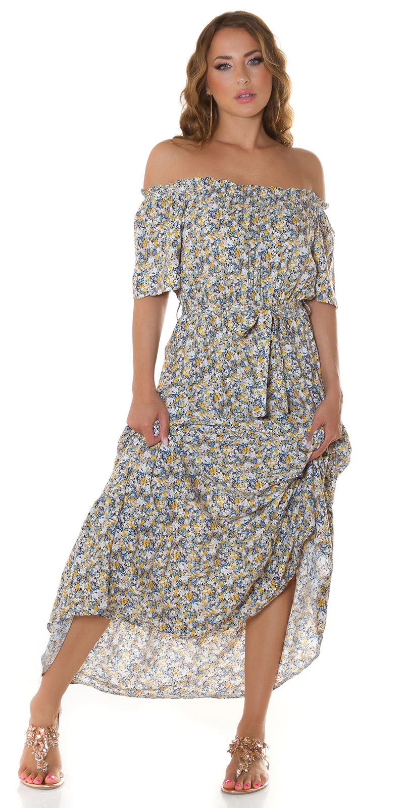 Off Shoulder Flower Printed Maxi Kurzarm Kleid mit Gürtel Off Shoulder Flower Printed Maxi Kurzarm Kleid mit Gürtel