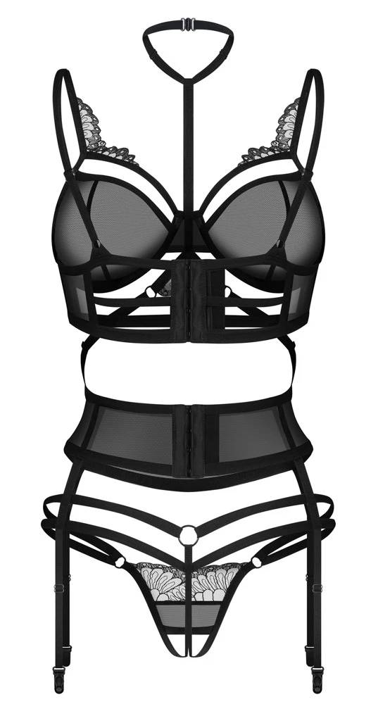 Obsessive Set Premisis Bügel-BH Strapsgürtel und Ouvert-String in schwarzer Spitze mit verstellbarem Choker-Halsband