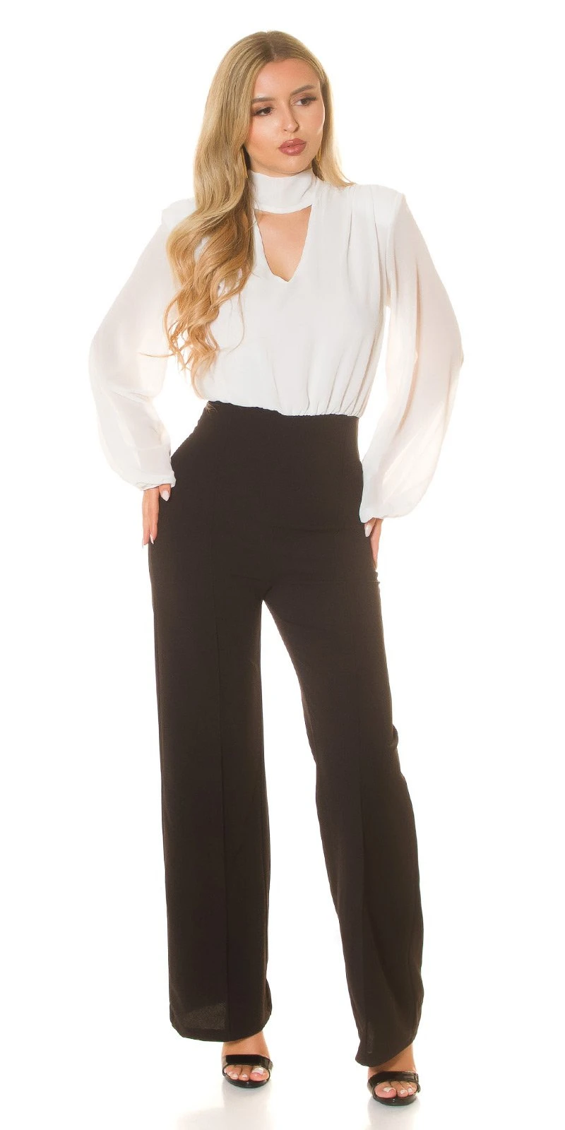 Business Look Long Overall Halbtransparent Maxi Jumpsuit Turtle Neck Cutout Bootcut Ballon-Ärmel Business Look Long Overall Halbtransparent Maxi Jumpsuit Turtle Neck Cutout Bootcut Ballon-Ärmel