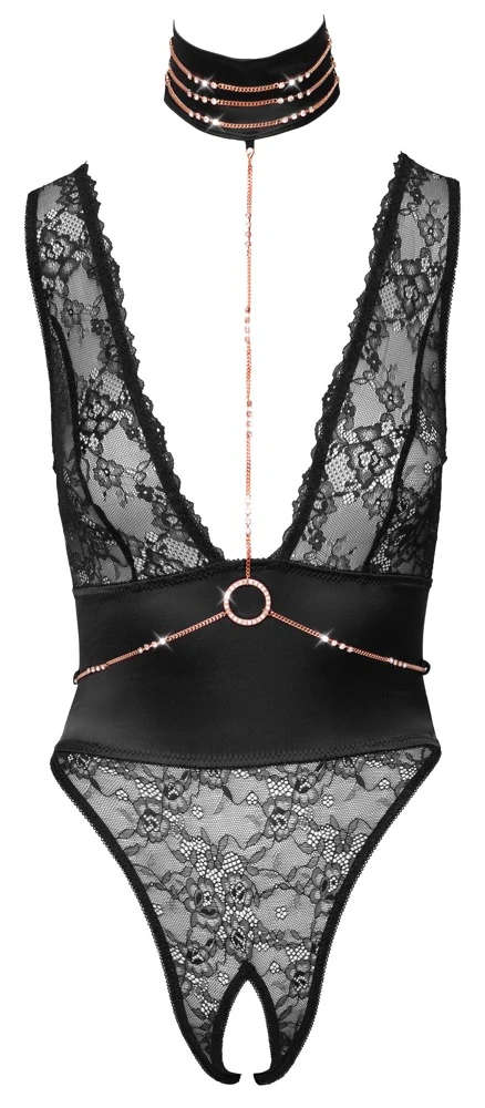 Abierta Fina Body ouvert mit Halsband und Kettenbesatz