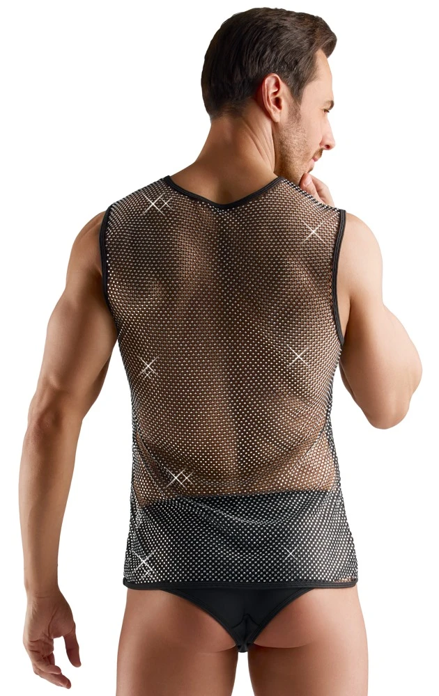 Provokantes Herren-Netzshirt in transparenter Schwarz-Optik mit funkelnden Glitzersteinchen und sinnlichem Wetlook-Flair von Svenjoyment