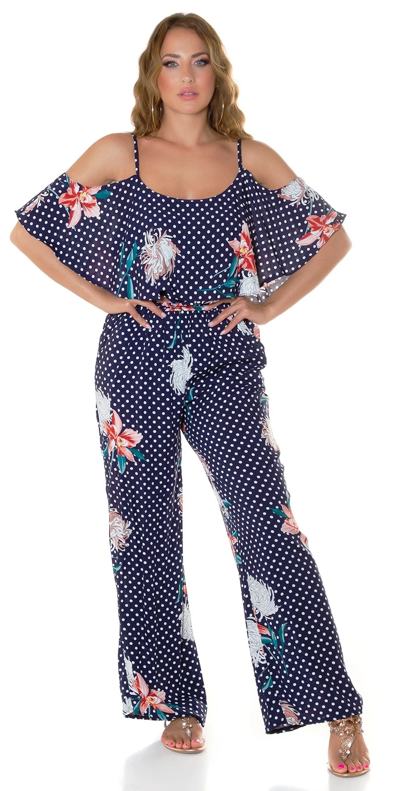 Marlene Maxi Viskose Jumpsuit im Cold Shoulder-Style mit Pünktchen und Flower