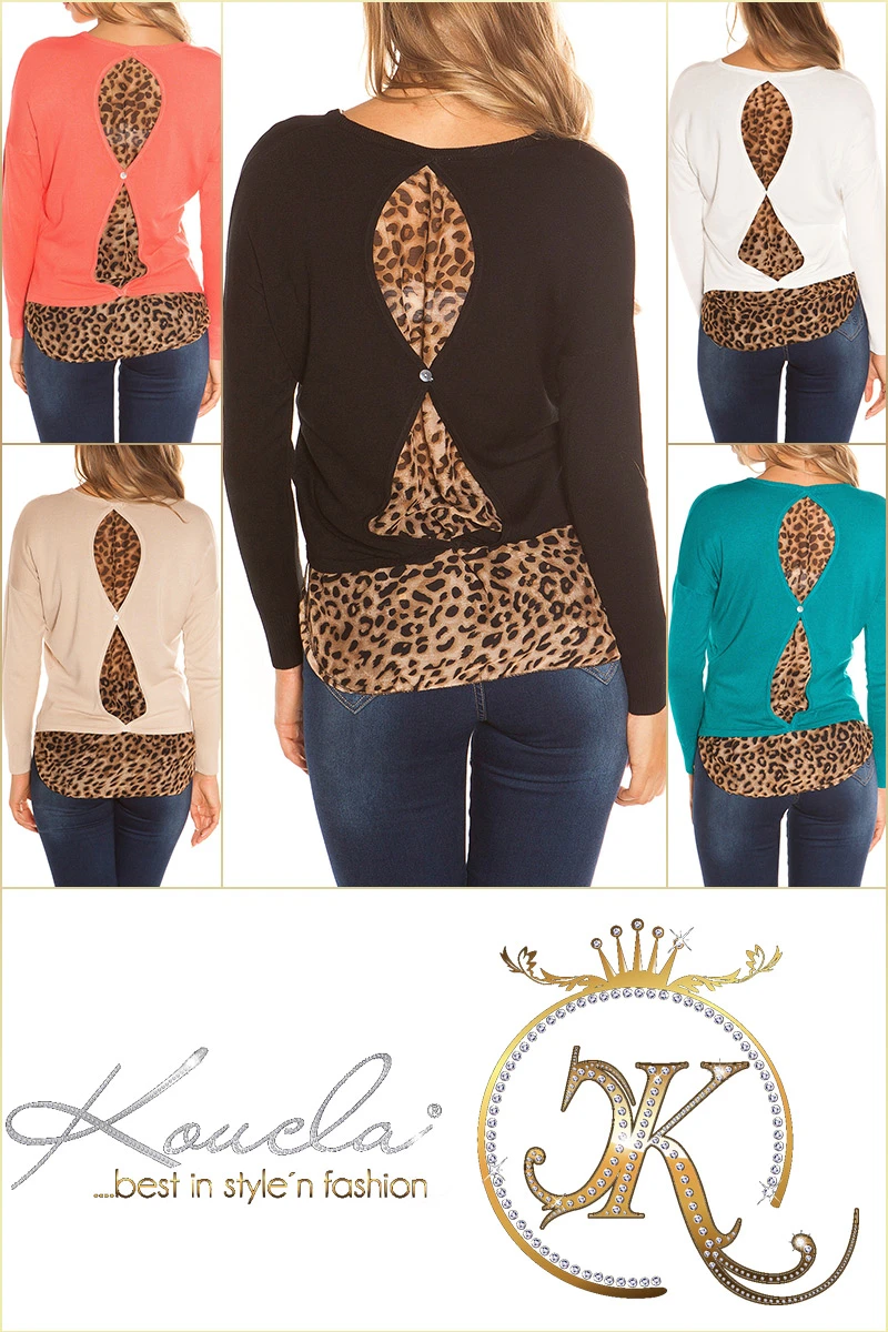 Chic High-/Low Pullover mit Leo-Einsatz Chic High-/Low Pullover mit Leo-Einsatz