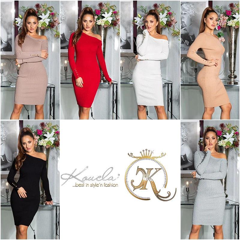 Rippstrick Midi Cold Shoulder Business Minikleid mit Deko Knöpfe Rippstrick Midi Cold Shoulder Business Minikleid mit Deko Knöpfe