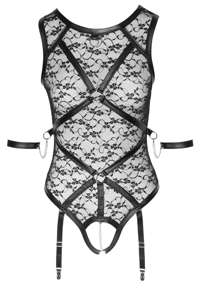 Cottelli Verführerisches Ensemble: Spitzen-Straps-Body mit Mattlook-Details und abnehmbaren Extras