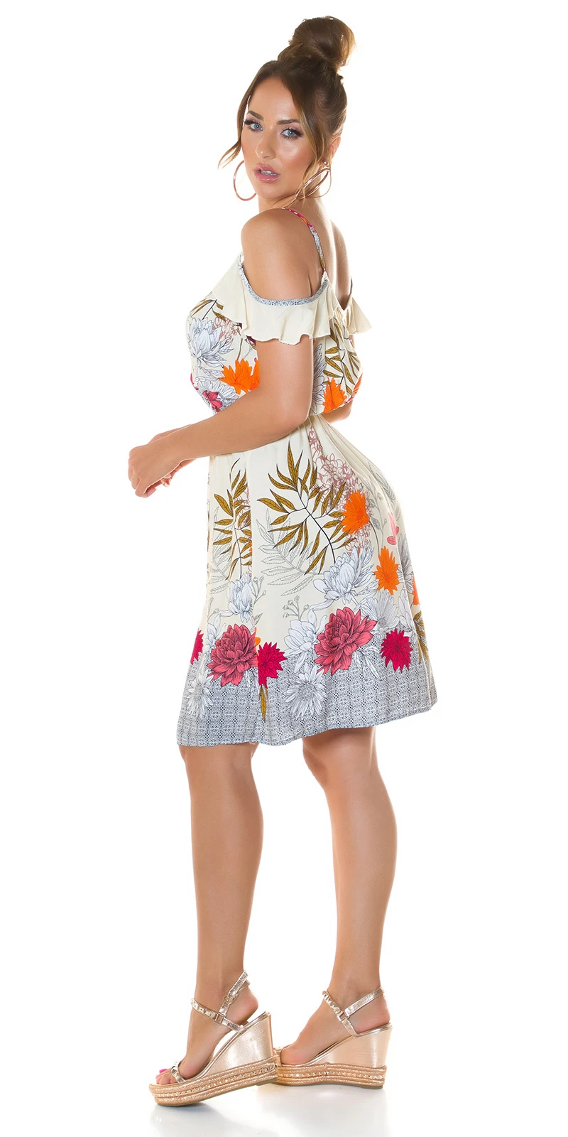 Business Cold-Shoulder Sommer Midi Viskose Kleid mit Print