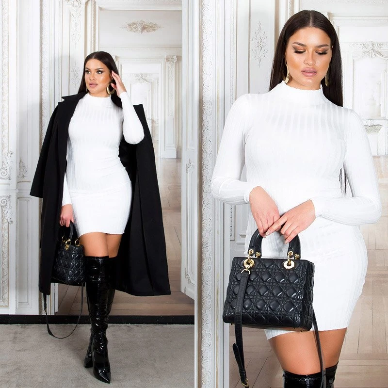 Uni Turtle Neck Langarm Strick Minikleid mit Rippstrick-Struktur Uni Turtle Neck Langarm Strick Minikleid mit Rippstrick-Struktur