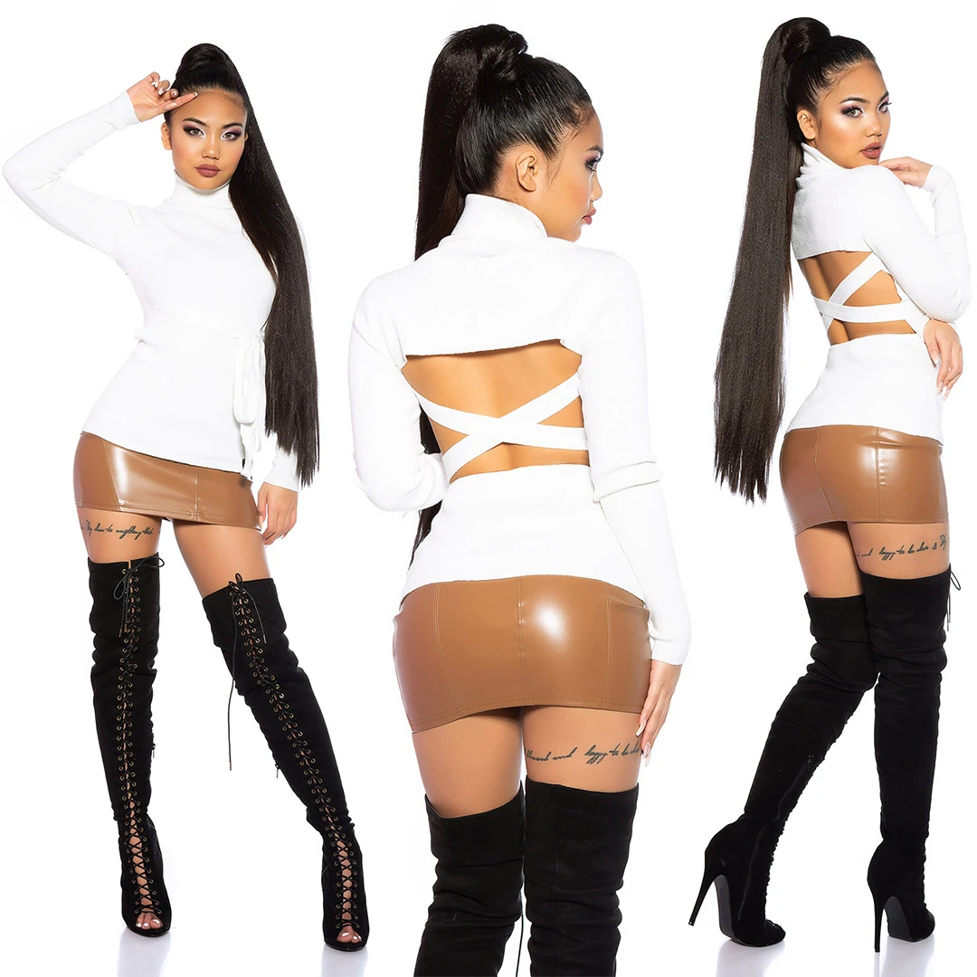 Hot Rollkragen Rippstrick Pullover mit sexy Rücken-Partie und Schnürung