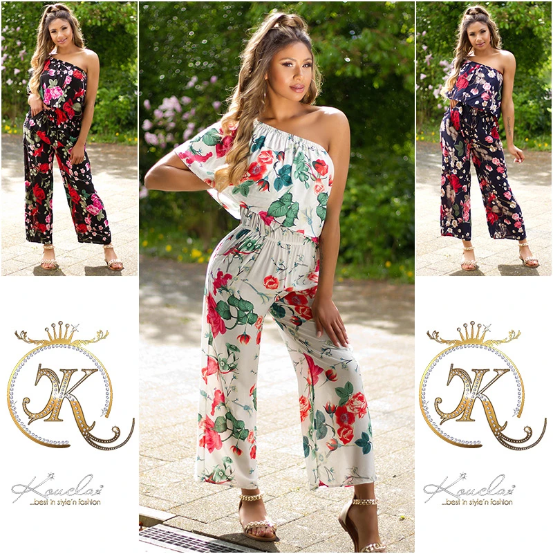 Rose Printed One Shoulder Maxi Marlene Viskose Jumpsuit mit Volant