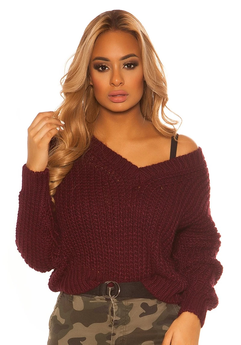 Einfarbiger Langarm Grobstrick mit V Pulli Einfarbiger Langarm Grobstrick mit V Pulli