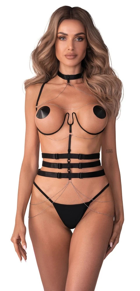 Harness Premisis mit Kettchenschmuck, verstellbarem Choker-Halsband, ummanteltem Unterbrust-Bügel und dreifachem Taillengurt von Obsessive