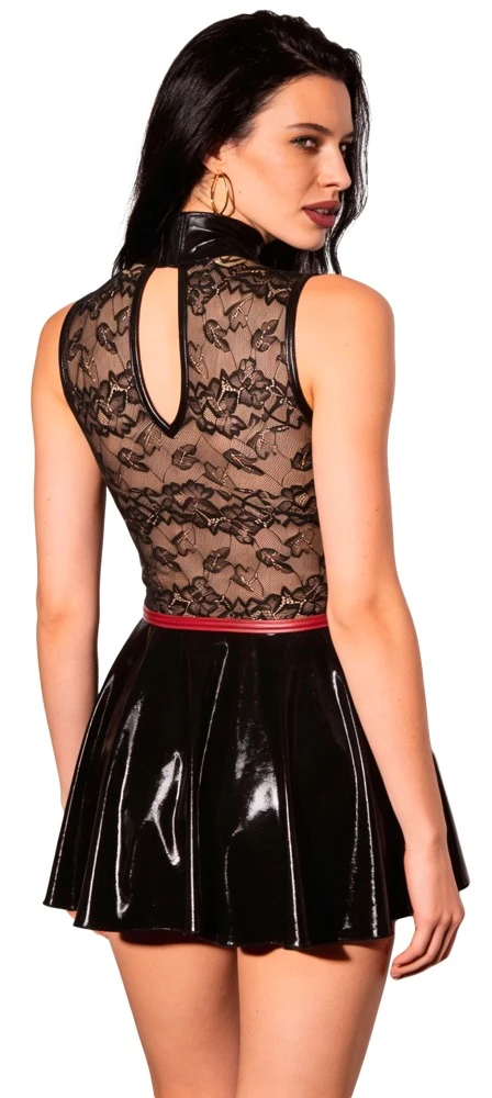Kinky Wetlook Minikleid Spitze Corsagen-Look ärmellos schwarz rot Rücken transparent Damenkleid Cottelli PARTY