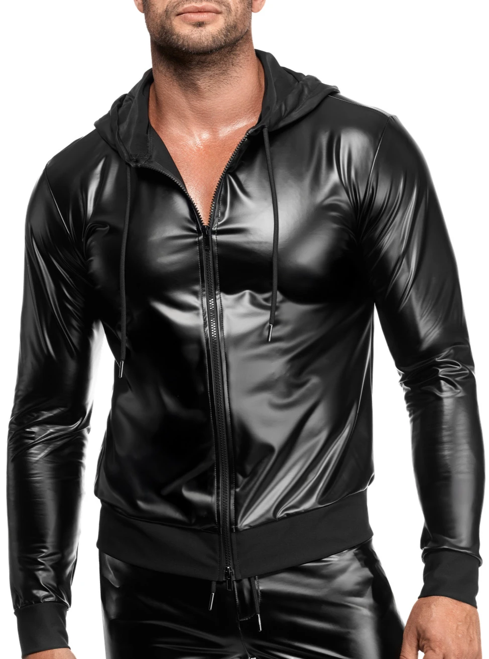 Herren Kapuzen Jacke H086 aus Powerwetlook mit betont maskuliner Silhouette, glatter Oberfläche, Kapuze und Frontzip für einen aufregend modernen Style