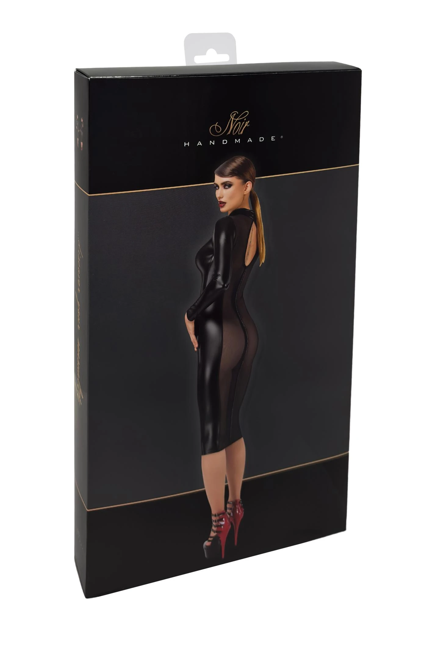 F371 Luxuria Crystal Sheer Kinky Midikleid Noir Handmade – hautenges Wetlook Kleid mit transparenter Rückseite, funkelnder Strasslinie und verführerischem Halsverschluss