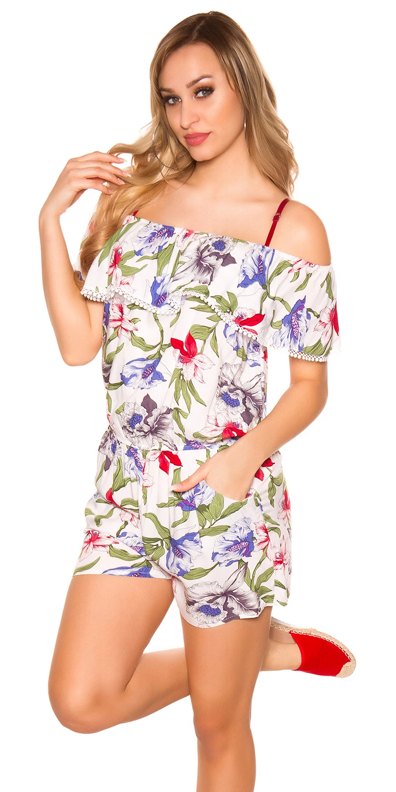 Off Shoulder Playsuit Volant Flower Print Hotpants Carmen Overall