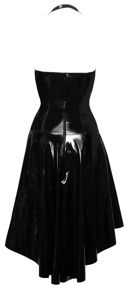 Kleid von Black Level komplett im schwarzen Lackglanz mit Neckholder. In figurnaher Schnittführung mit sexy Schnürung im tiefem V-Ausschnitt.
