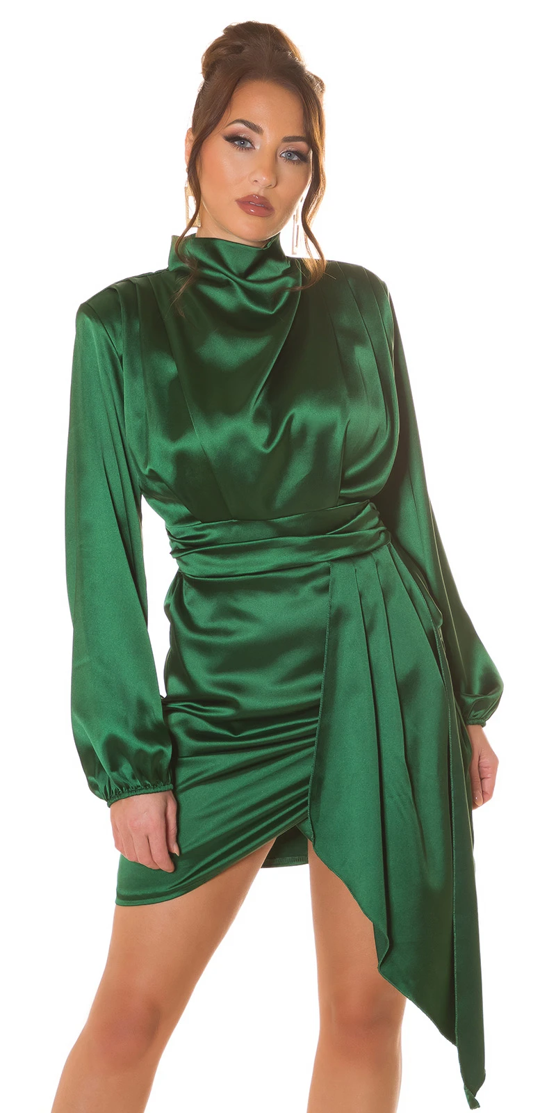 Damen Satin Minikleid Langarm Kleid Abendkleid mit Stehkragen Damen Satin Minikleid Langarm Kleid Abendkleid mit Stehkragen