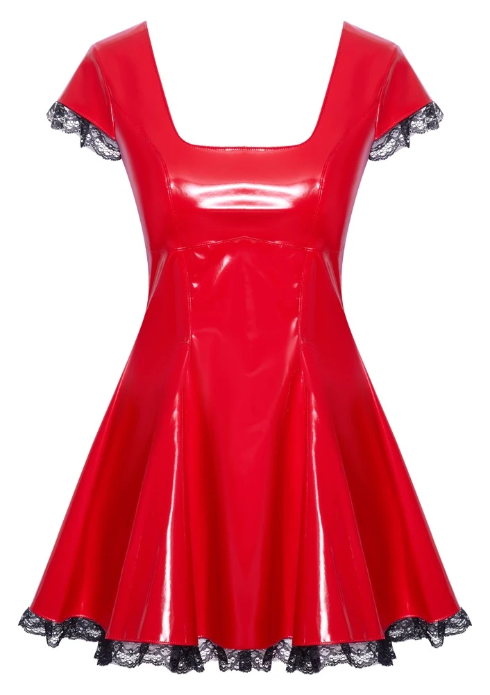 Rotes Lack-Kinky-Minikleid von Black Level mit Karree-Ausschnitt, schwarzen Spitzenrüschen und elegantem Rückenausschnitt Rotes Lack-Kinky-Minikleid von Black Level mit Karree-Ausschnitt, schwarzen Spitzenrüschen und elegantem Rückenausschnitt