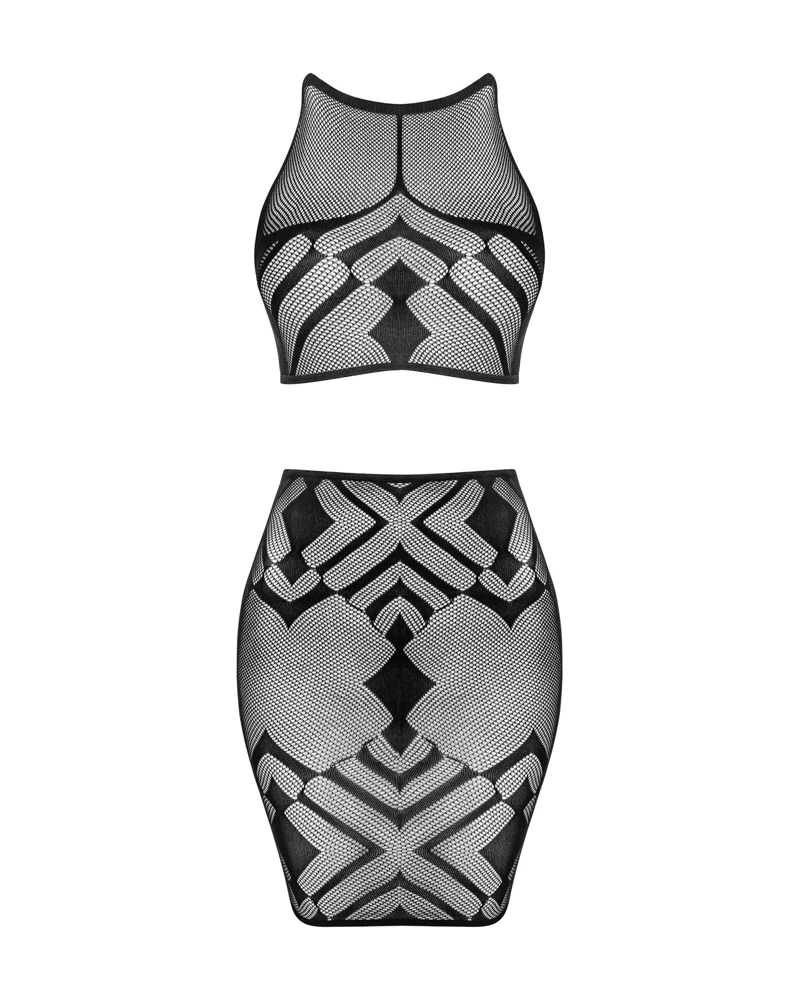 Obsessive Bauchfreies Top und enger kurzer Rock im schwarzen Set. In verschiedenen Netzstrukturen und mit einzigartiger eingewebter geometrischer Optik.