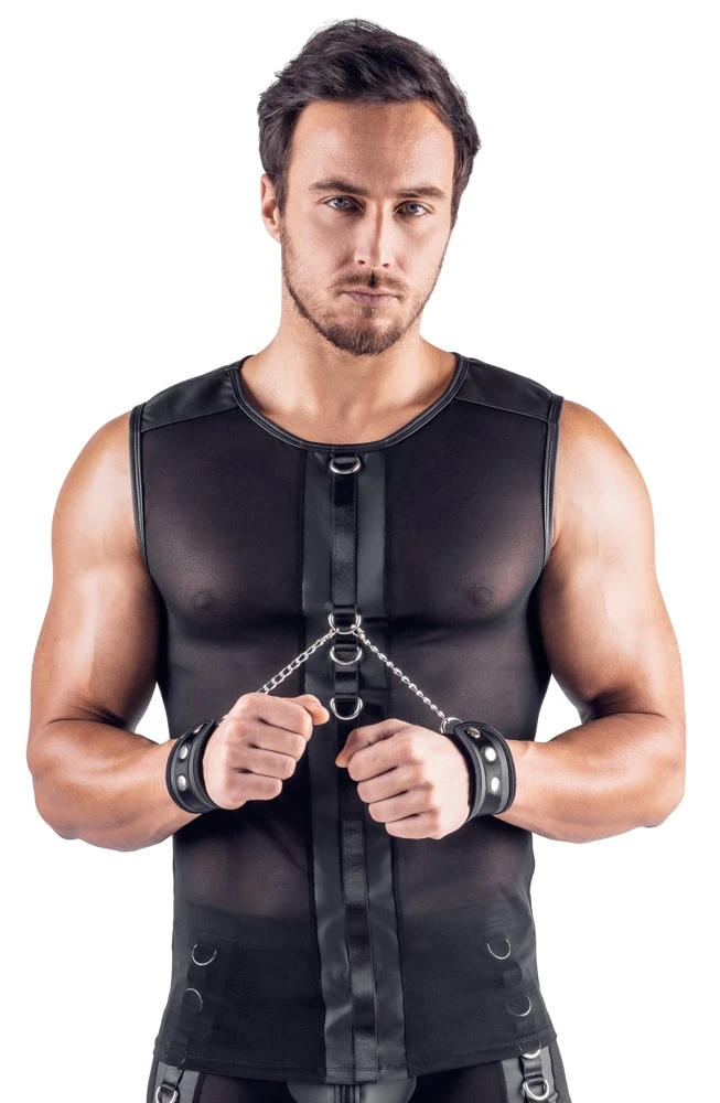 Svenjoyment Bondage Netz-Shirt – ärmellos & elastisch im schwarzen Mattlook mit Fesselringen vorne & hinten inkl. Soft-Handfesseln mit Karabinerketten für heiße Bondage-Action