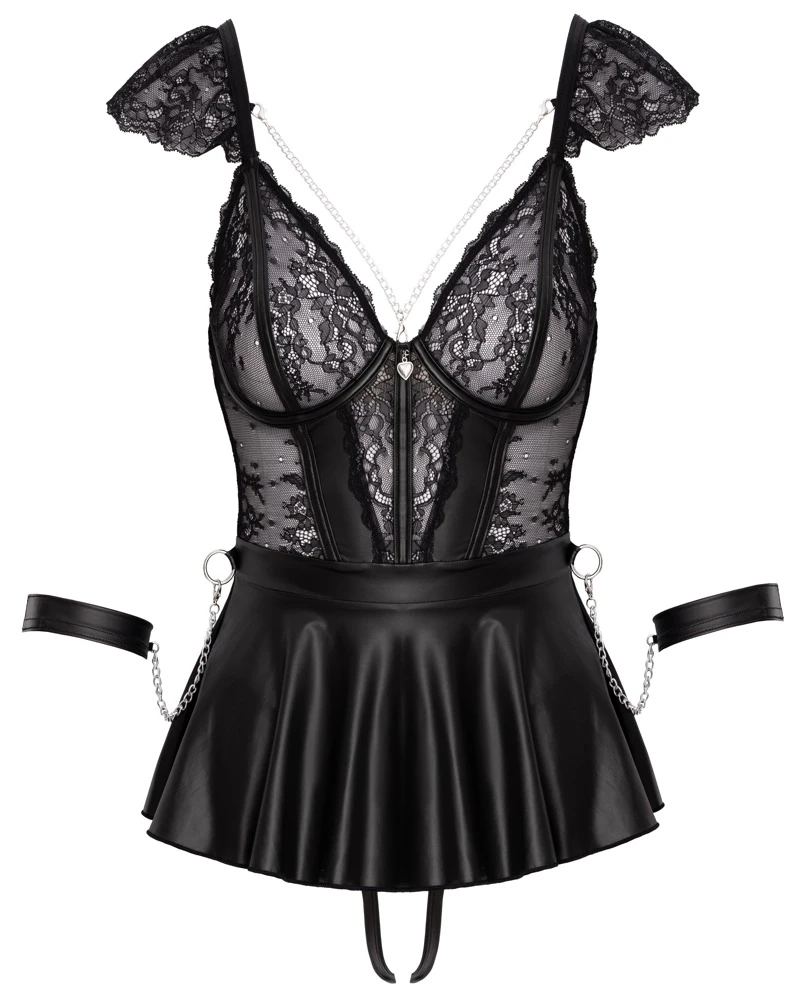 Grenzenlose Leidenschaft im stilvollen Bondage-Look - 3-teiliges Cottelli-Set mit Spitze, Mattlook, Ketten und Herzdetail