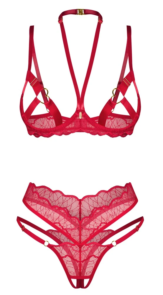 Sinnliches Ouvert-Set Cupide Desir von Obsessive mit filigraner Spitze, goldfarbenen Details und verstellbaren Riemen
