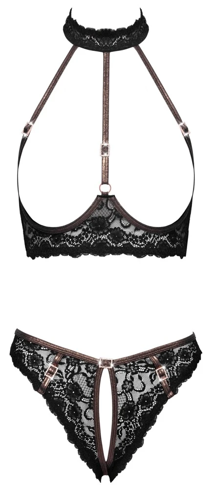 Cottelli LINGERIE Ouvert Reizwäsche Set mit Hebe-BH & offenem Slip aus Spitze, roségoldenen Details und funkelnden Strass-Akzenten