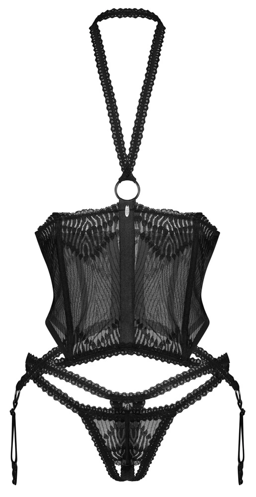 Busenfreies Strapshemd Alliane von Obsessive – schwarzes Neckholder-Set mit transparentem Stoff und ouvertem String für stilvolle Sinnlichkeit