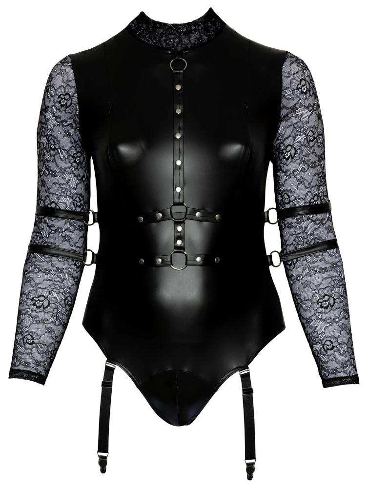 Cottelli Mattlock Langarm-Body mit Spitzenärmeln und verführerischen Details