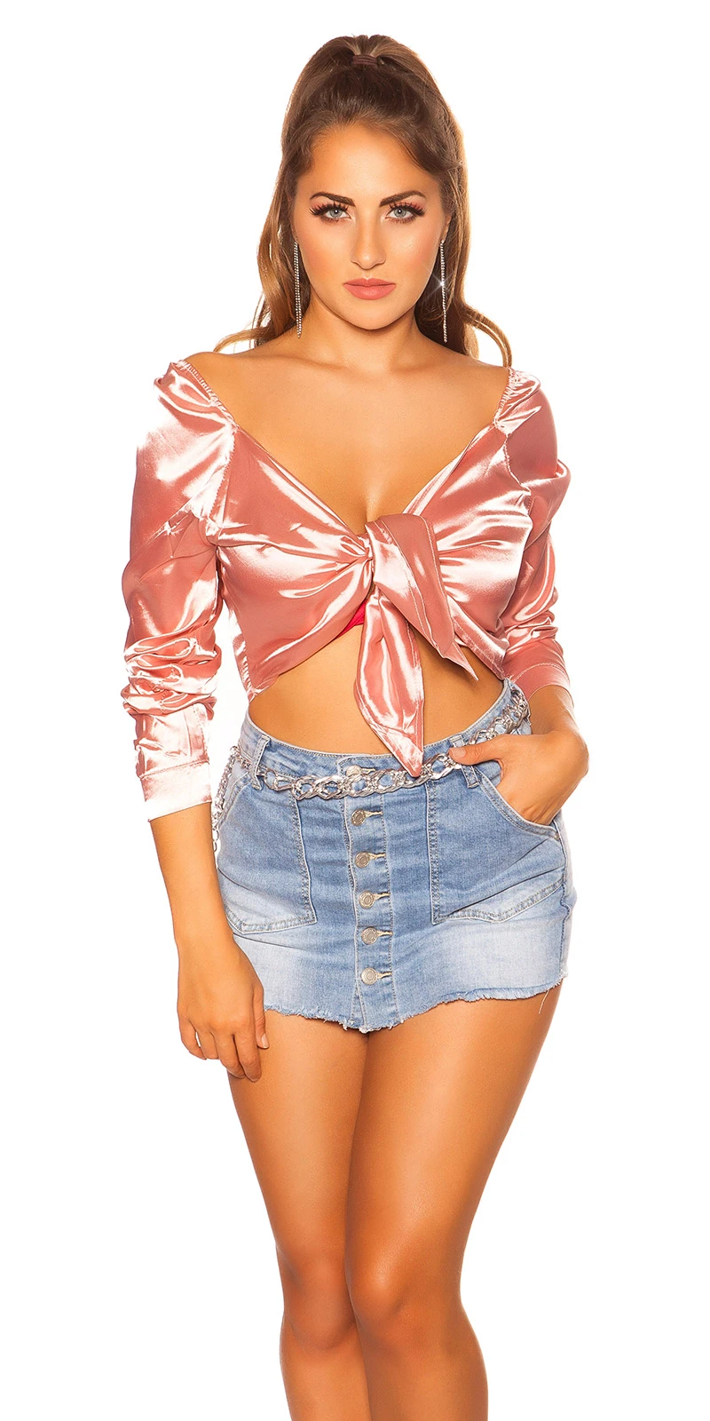 Langarm V-Neck Knoten Blusen Crop Top im Satin Look