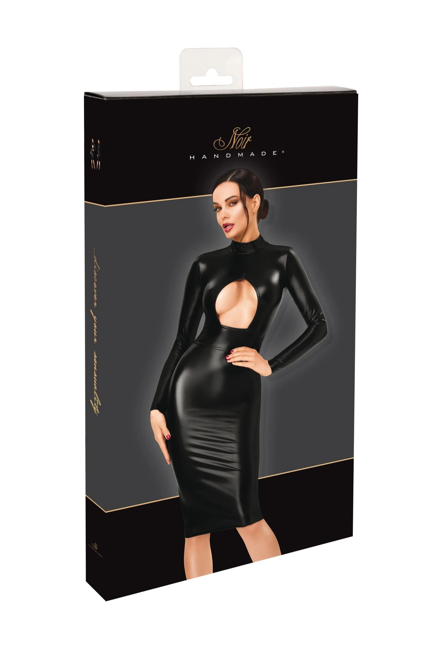 Kinky Midikleid aus Powerwetlook mit Brust-Cut-out – Noir Handmade F401 Dark Affair – sexy in Schwarz mit Stehkragen und langen Ärmeln