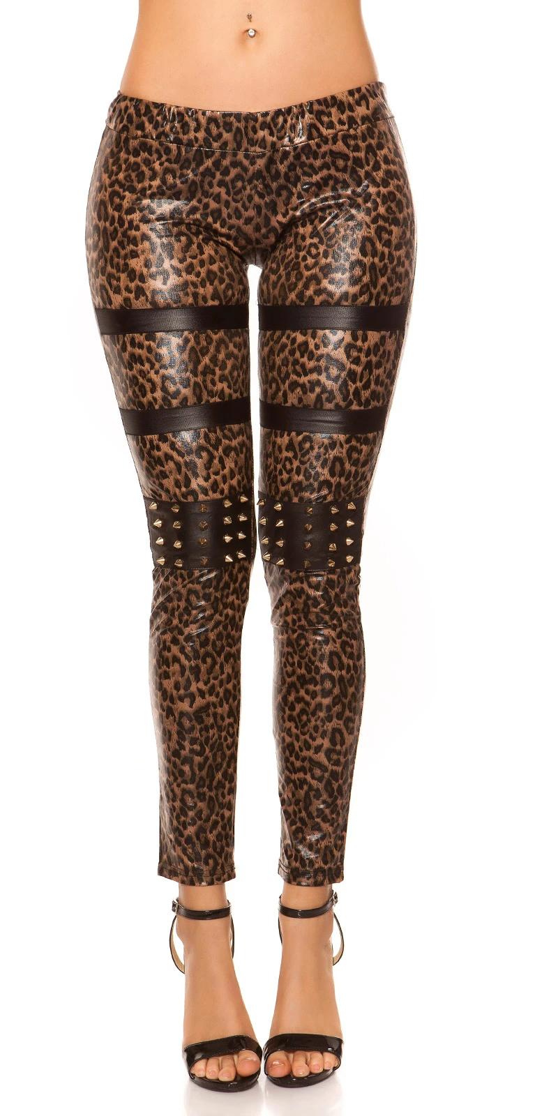 Funky Leder-Look Leggings mit Deko Streifen und Nieten