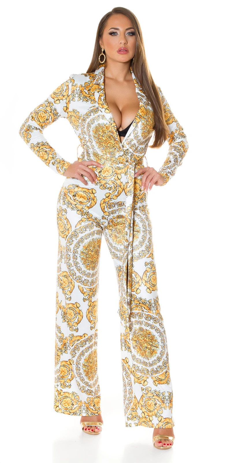 Printed Maxi Jumpsuit im Business-Look mit Wickel V-Neck und Gürtel