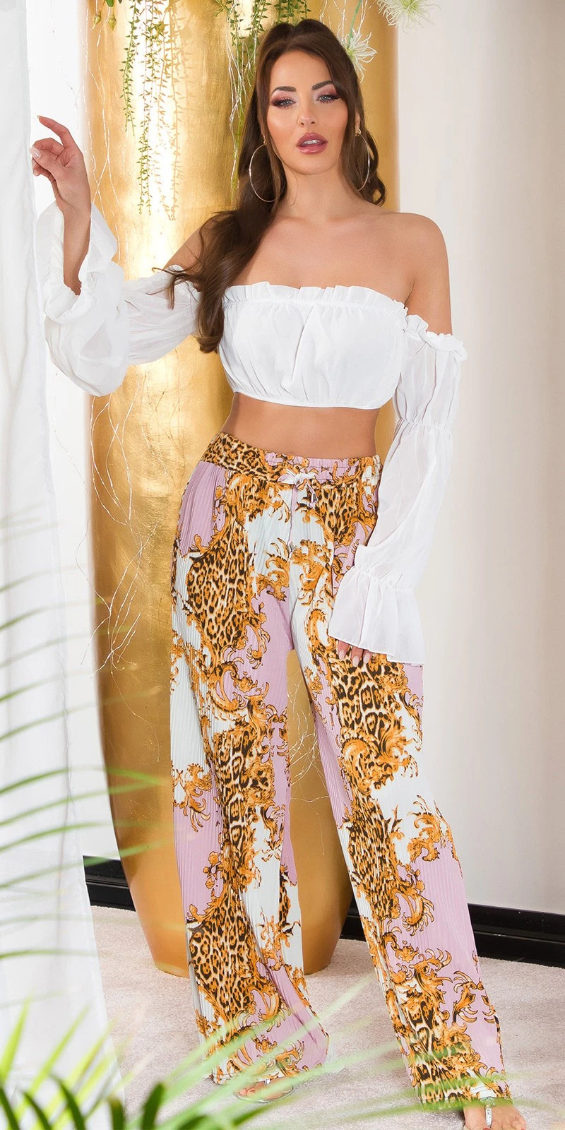 Glamour Printed High Waist Plissee Marlene Hose Glamour Printed High Waist Plissee Marlene Hose