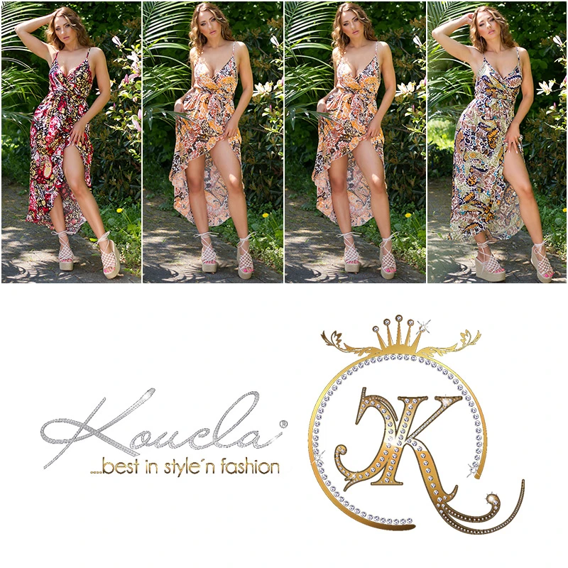 Fantasy Printed High Low Träger Viskose Kleid mit Wickel-V-Neck und Gürte Fantasy Printed High Low Träger Viskose Kleid mit Wickel-V-Neck und Gürte