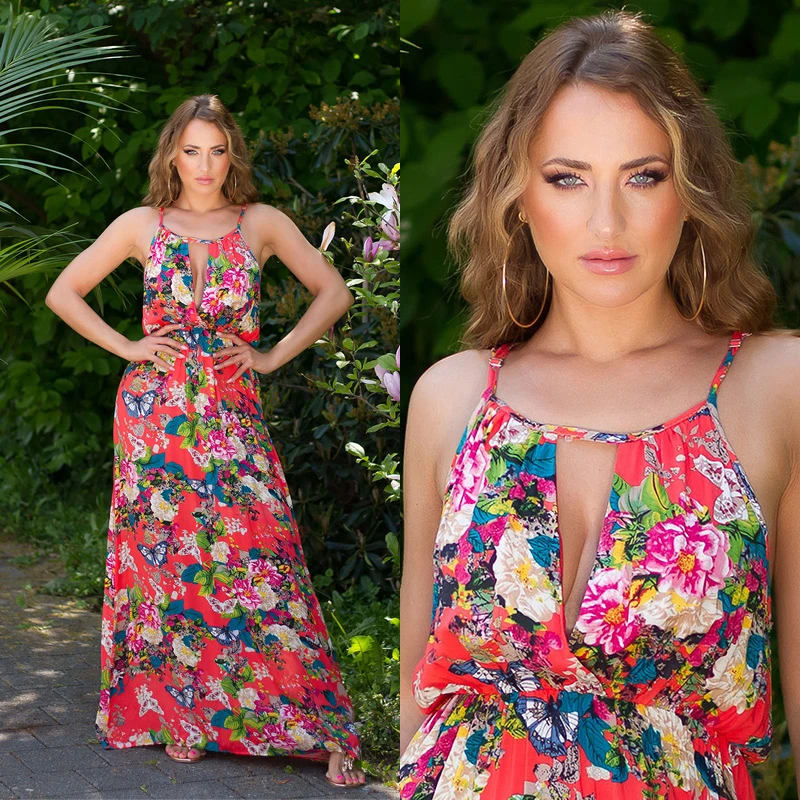 Summer Printed Rundhals Maxi Träger Viskose Kleid mit hot Cutout Summer Printed Rundhals Maxi Träger Viskose Kleid mit hot Cutout