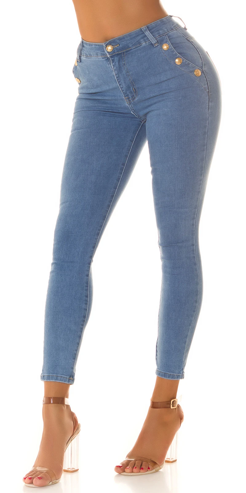 Highwaist Skinny Jeans Stretch Hose Röhrenjeans mit goldenen Deko Knöpfe Highwaist Skinny Jeans Stretch Hose Röhrenjeans mit goldenen Deko Knöpfe