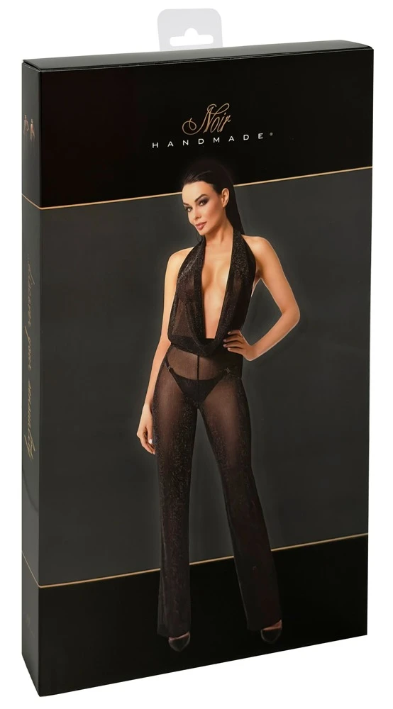 Noir Transparenter Neckholder-Overall aus edel schimmerndem Powernet mit tiefem Wasserfall-Ausschnitt- Rückenfrei
