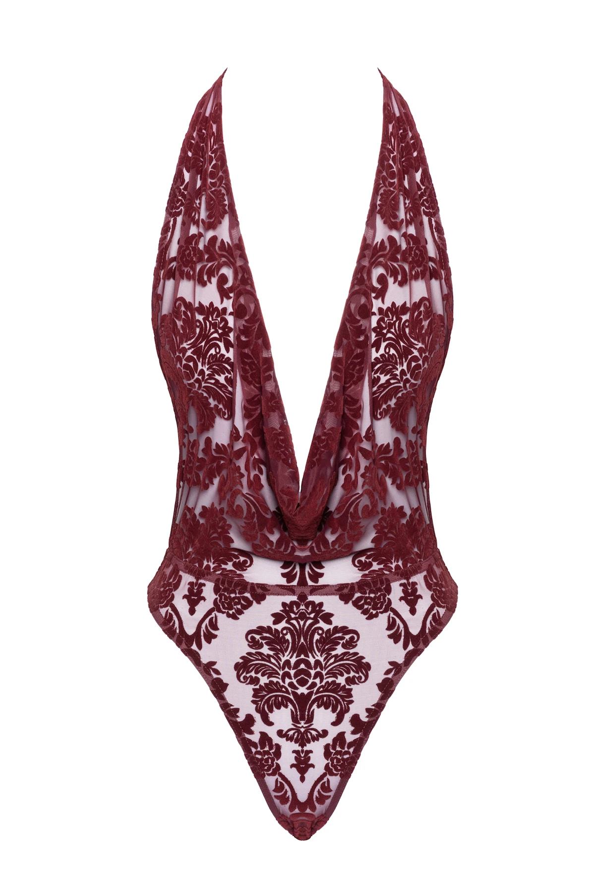 F386 Body Kinky Royal aus elastischem Netz mit floralem Samtdruck, tiefem Wasserfallausschnitt und offenem Rücken bis zum Po – von Noir Handmade