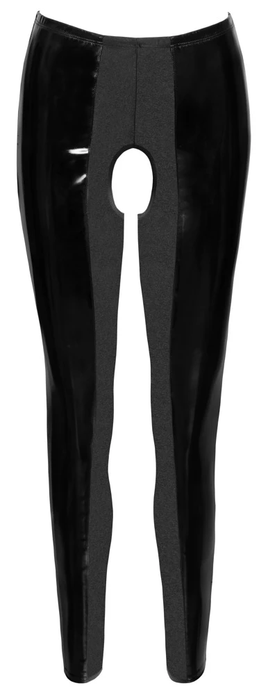Lack-Leggings von Black Level mit einladend offenem Schritt. Im schwarzen Lackglanz mit Stretch-Einsätzen im Schritt  und den Innenseiten.