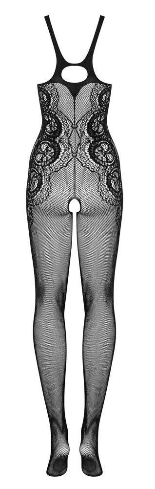 Obsessive Schwarzer hochelastischer Catsuit ouvert aus weichem seidigem Netz. Die seitlich eingewebten Ornamente setzen Kurven perfekt in Szene.