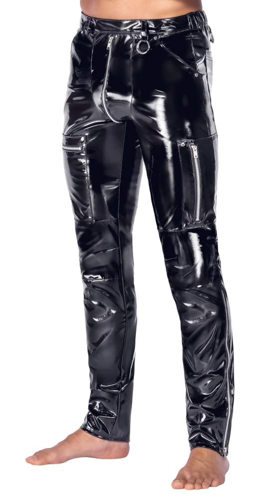 Black Level schwarze enge Kinky Lack-Herren Hose mit silberfarbenen Metall-Details, unterlegtem Front-Reißverschluss, Zip-Taschen an den Beinen und markantem Glanzlook