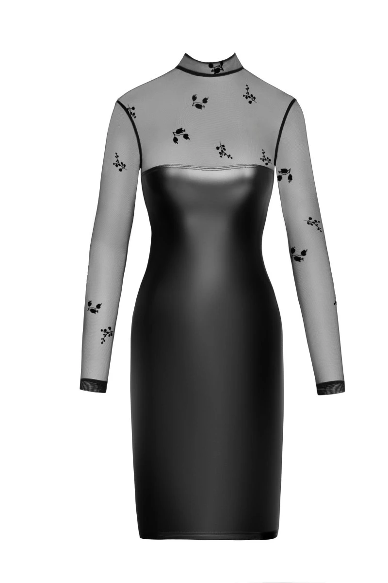 F310 halblanges Powerwetlook Bodycon Midi Kleid mit Tüll von Noir Handmade