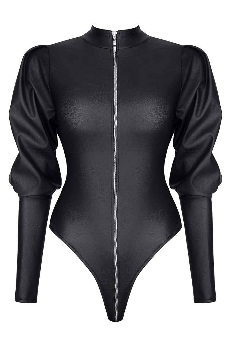 Kunstleder Body mit ausgestellten Puff-Ärmel und Reißverschluss Kunstleder Body mit ausgestellten Puff-Ärmel und Reißverschluss