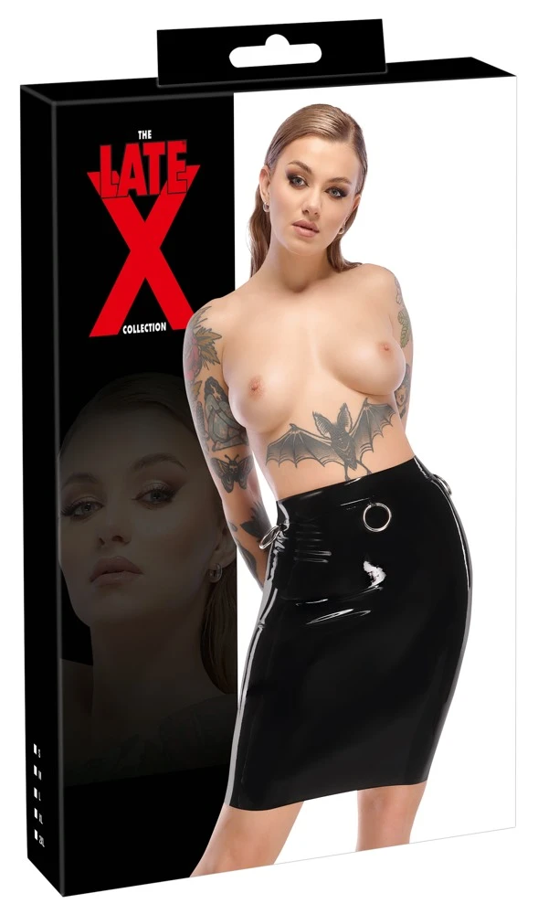 Late X Schwarzer Naturlatex-Rock von LateX mit Metallringen und Reißverschluss Stilvolle Eleganz für besondere Anlässe