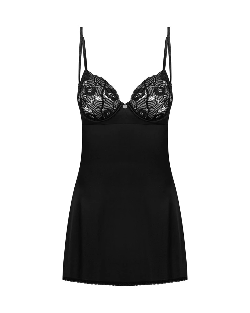 Obsessive Extrakurzes, tailliertes Dessouskleid und passender String im schwarzen Set Serena Love. Aus Stretchsatin mit Bügel-Cups aus feiner Spitze. Obsessive Extrakurzes, tailliertes Dessouskleid und passender String im schwarzen Set Serena Love. Aus Stretchsatin mit Bügel-Cups aus feiner Spitze.