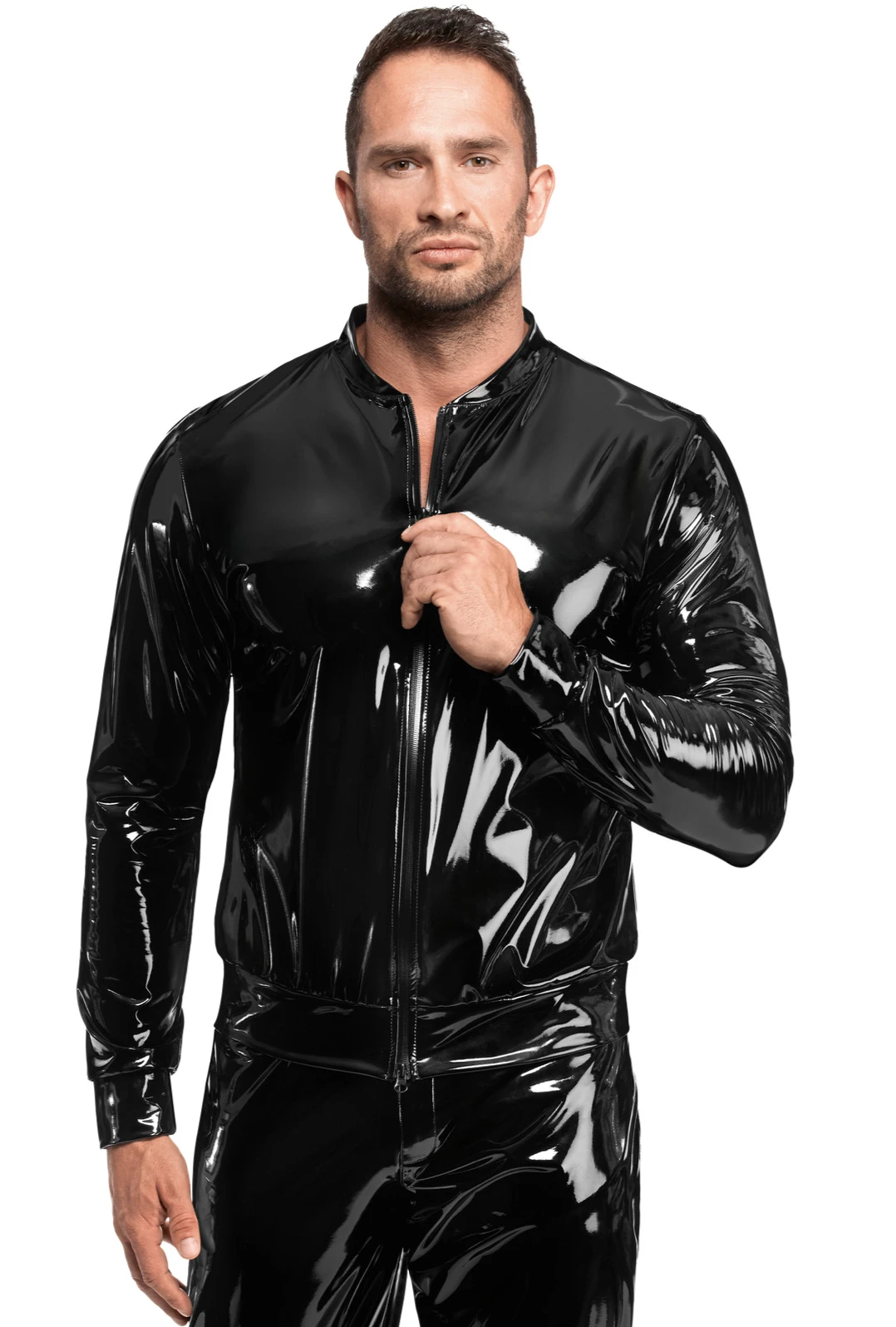 Herren Kinky Lack Jacke H092 aus glänzendem, dehnbarem Material mit breitem Bund, schwarzem Front-Reißverschluss und funktionalem 2-Wege-Zip für markante Styles von Noir Handmade Men
